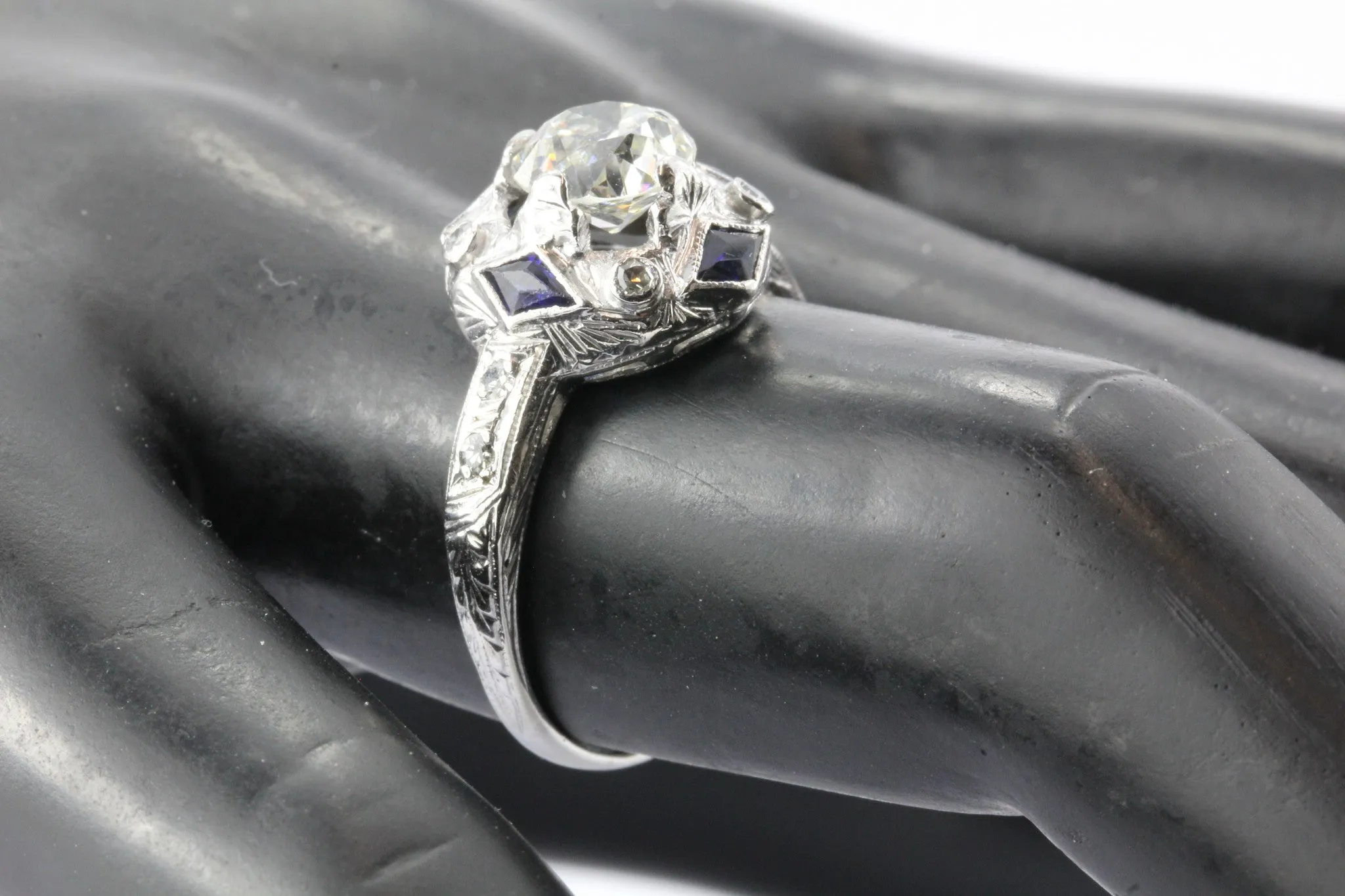 Art Deco Platinum Sapphire 1.27 Carat Old European Diamond Engagement Ring c.1925