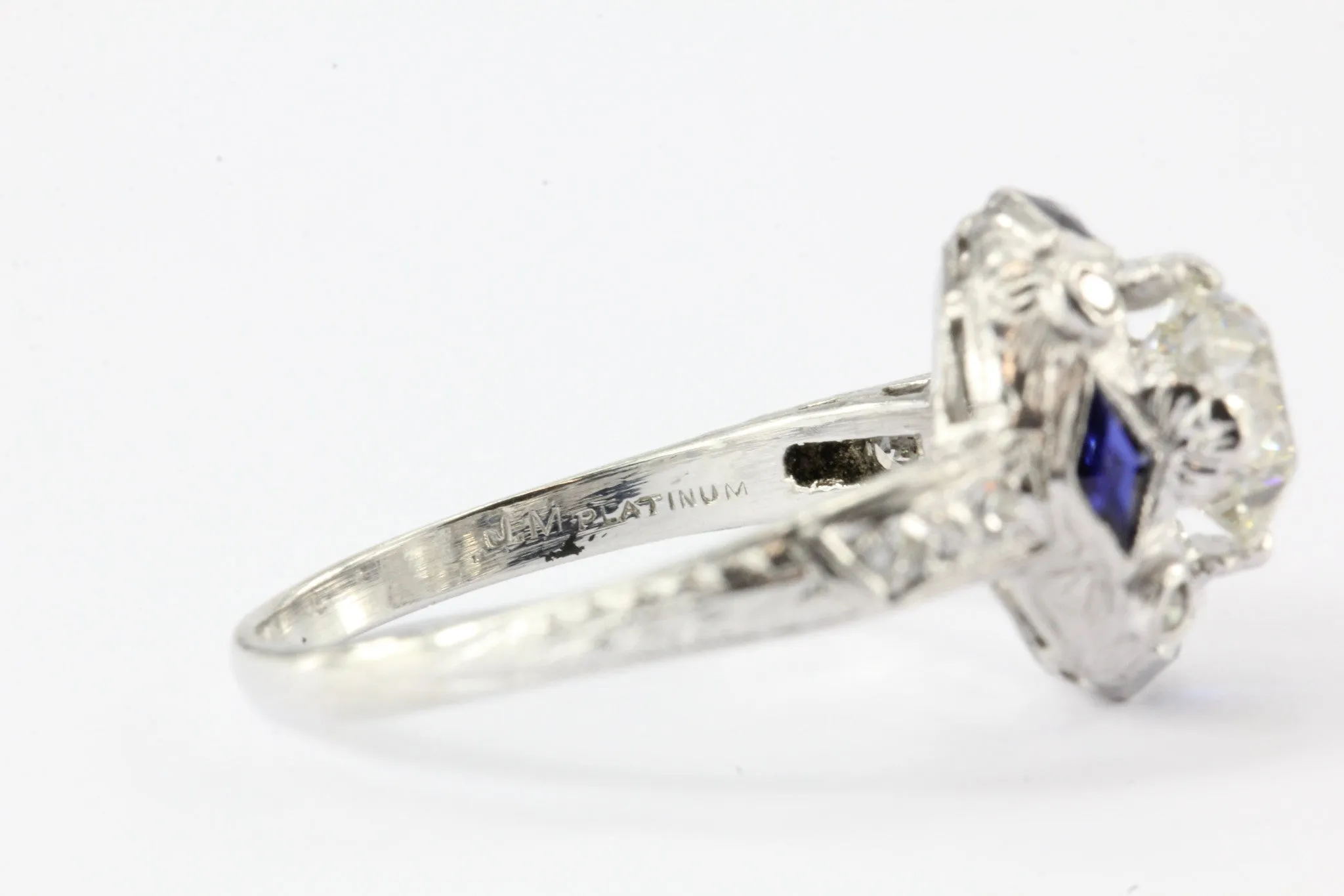 Art Deco Platinum Sapphire 1.27 Carat Old European Diamond Engagement Ring c.1925