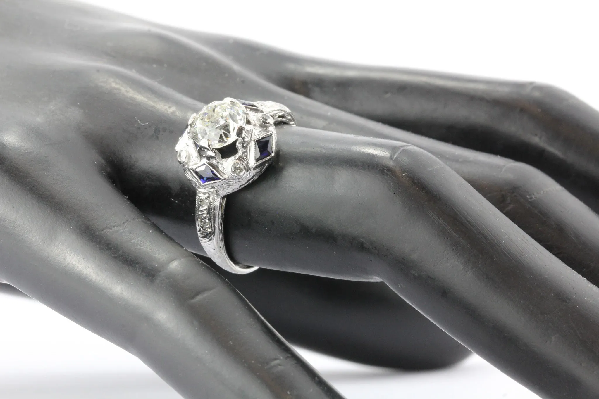 Art Deco Platinum Sapphire 1.27 Carat Old European Diamond Engagement Ring c.1925