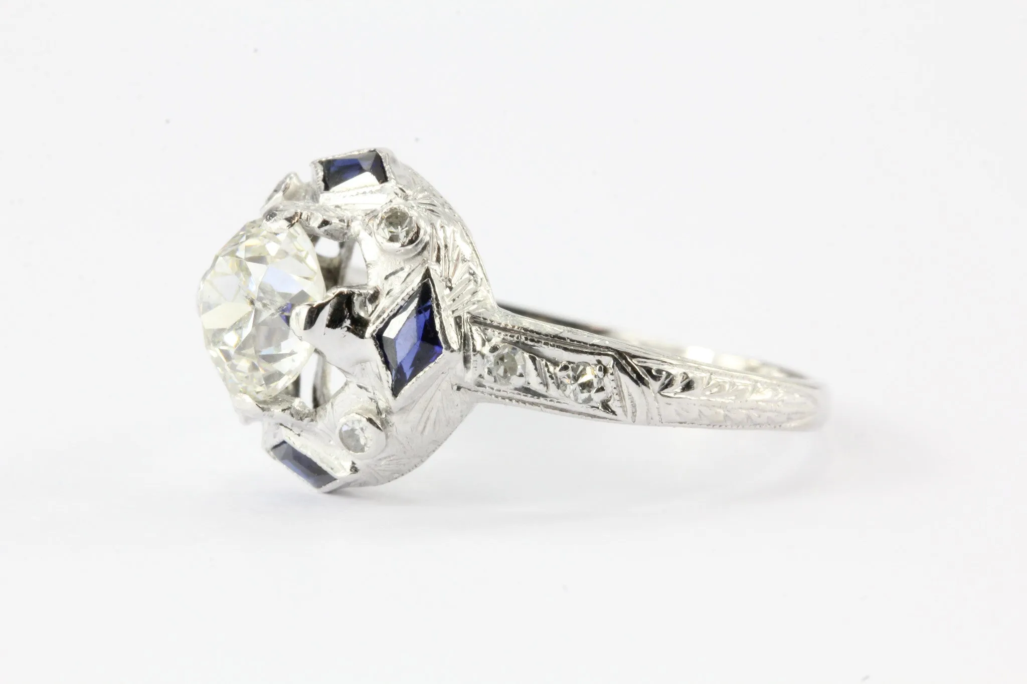 Art Deco Platinum Sapphire 1.27 Carat Old European Diamond Engagement Ring c.1925
