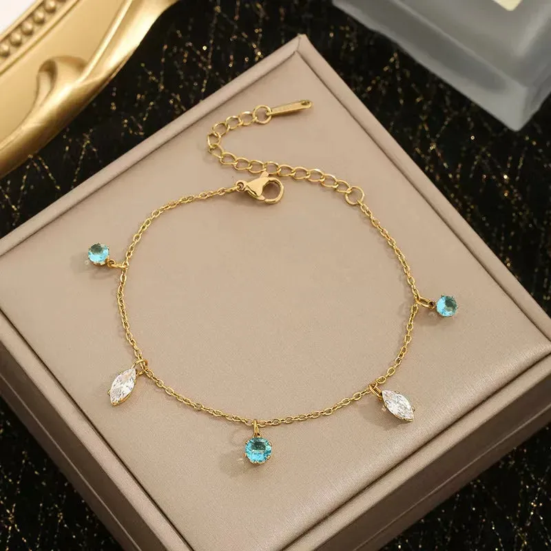 Artistic French Style Geometric 304 Stainless Steel Rhinestones 18K Gold Plated Bracelets Necklace Jewelry Set