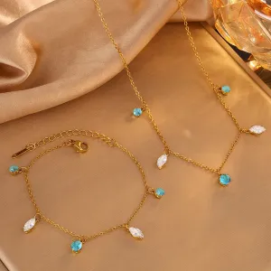 Artistic French Style Geometric 304 Stainless Steel Rhinestones 18K Gold Plated Bracelets Necklace Jewelry Set