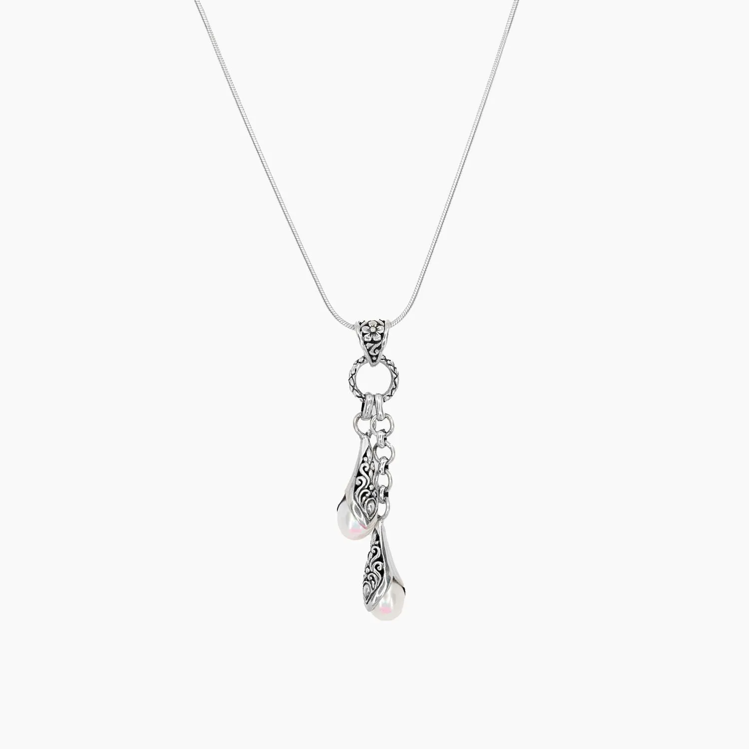 Bali Detail Freshwater Pearl Drop Necklace in Sterling Silver