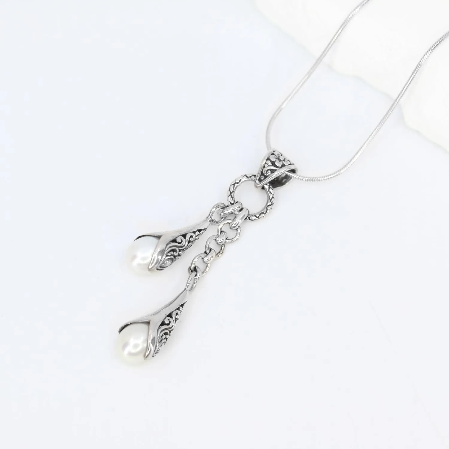 Bali Detail Freshwater Pearl Drop Necklace in Sterling Silver