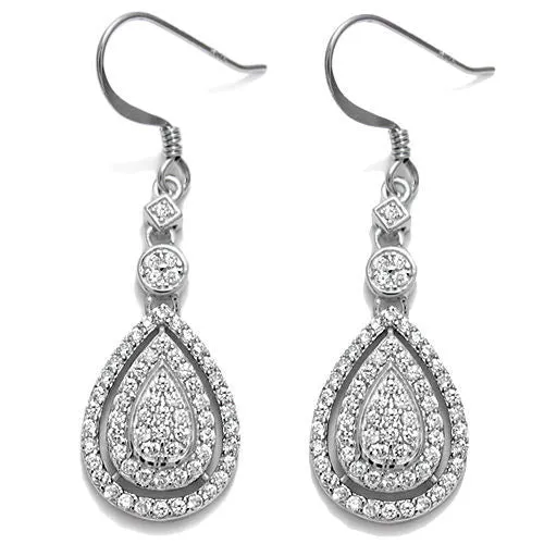 Beautiful Sterling Silver CZ Embellished Dangling Teardrop Shaped Hook Earrings.