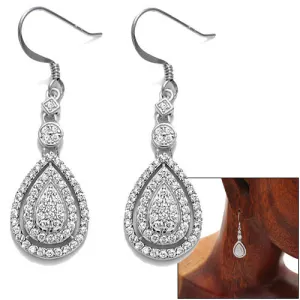 Beautiful Sterling Silver CZ Embellished Dangling Teardrop Shaped Hook Earrings.
