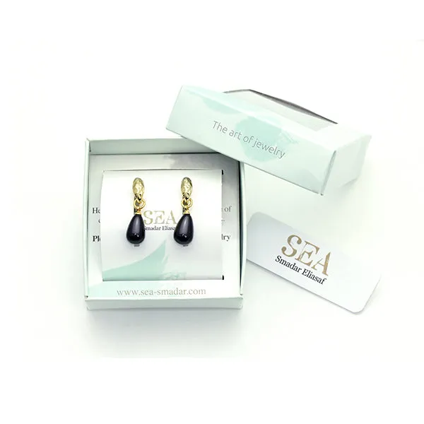 Black Drop Earrings 24k Gold Plated