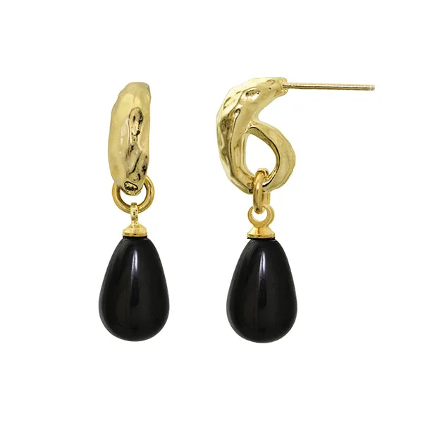 Black Drop Earrings 24k Gold Plated