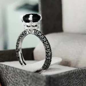 Black Magic - 4 Carats Double Hidden Halo Natural Black Diamond Cushion Engagement Ring in White Gold