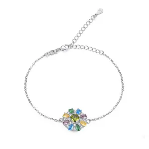 Blue Cubic Zirconia & Silver-Plated Flower Charm Bracelet