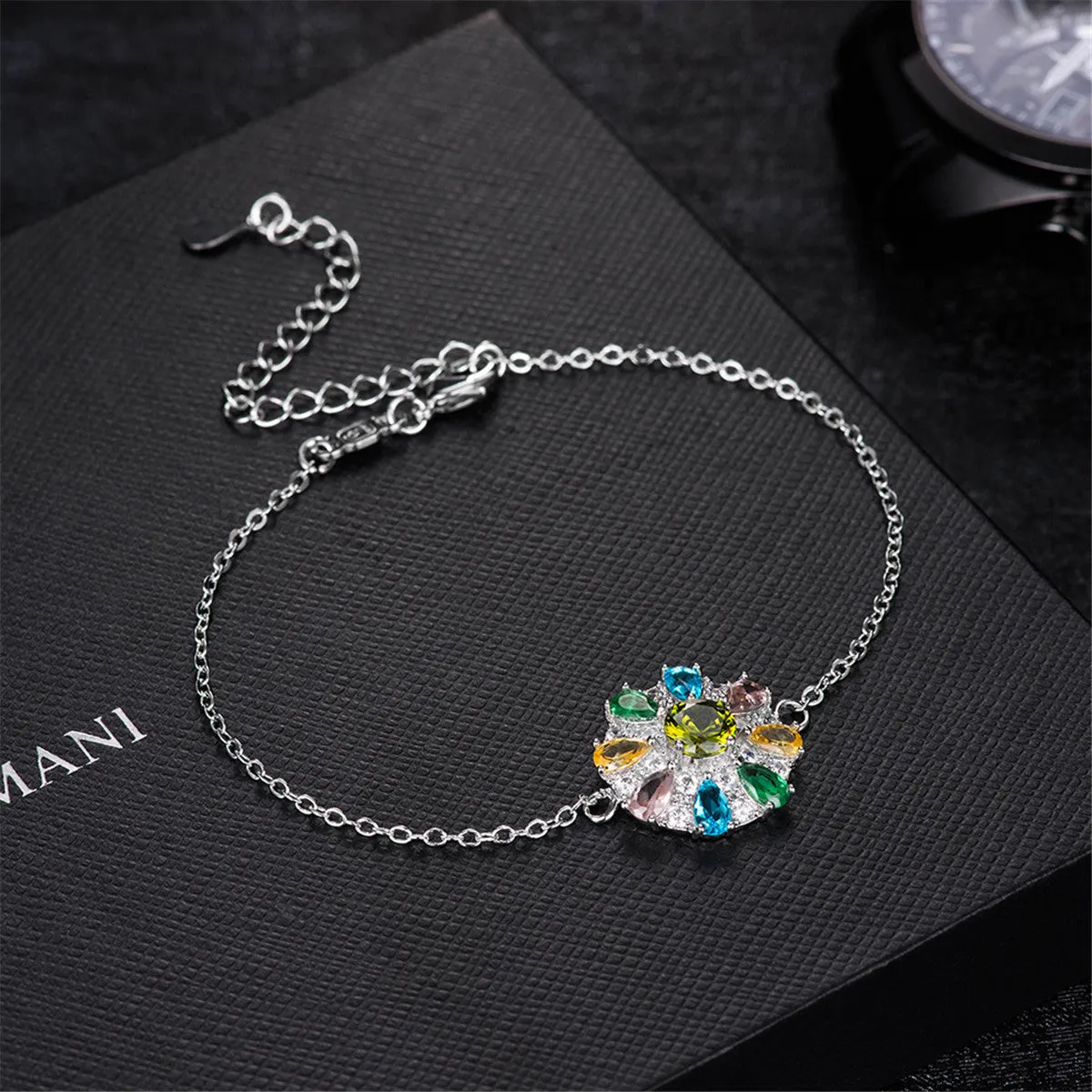Blue Cubic Zirconia & Silver-Plated Flower Charm Bracelet