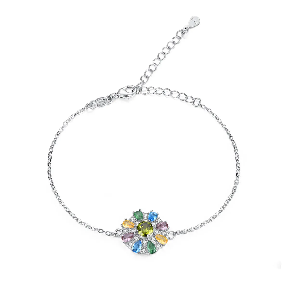 Blue Cubic Zirconia & Silver-Plated Flower Charm Bracelet