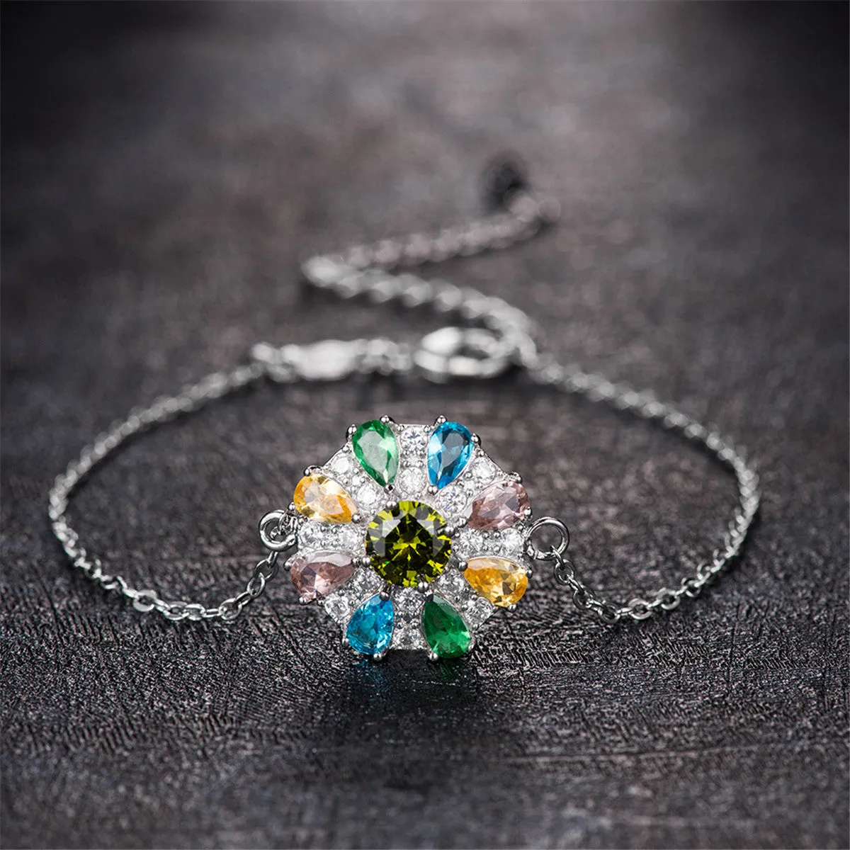 Blue Cubic Zirconia & Silver-Plated Flower Charm Bracelet