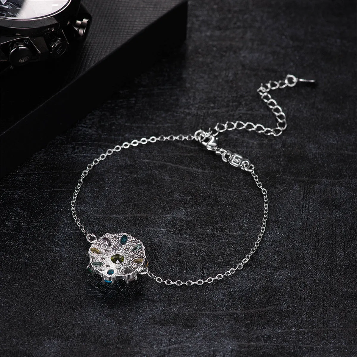 Blue Cubic Zirconia & Silver-Plated Flower Charm Bracelet