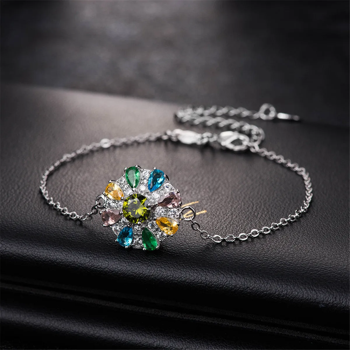 Blue Cubic Zirconia & Silver-Plated Flower Charm Bracelet