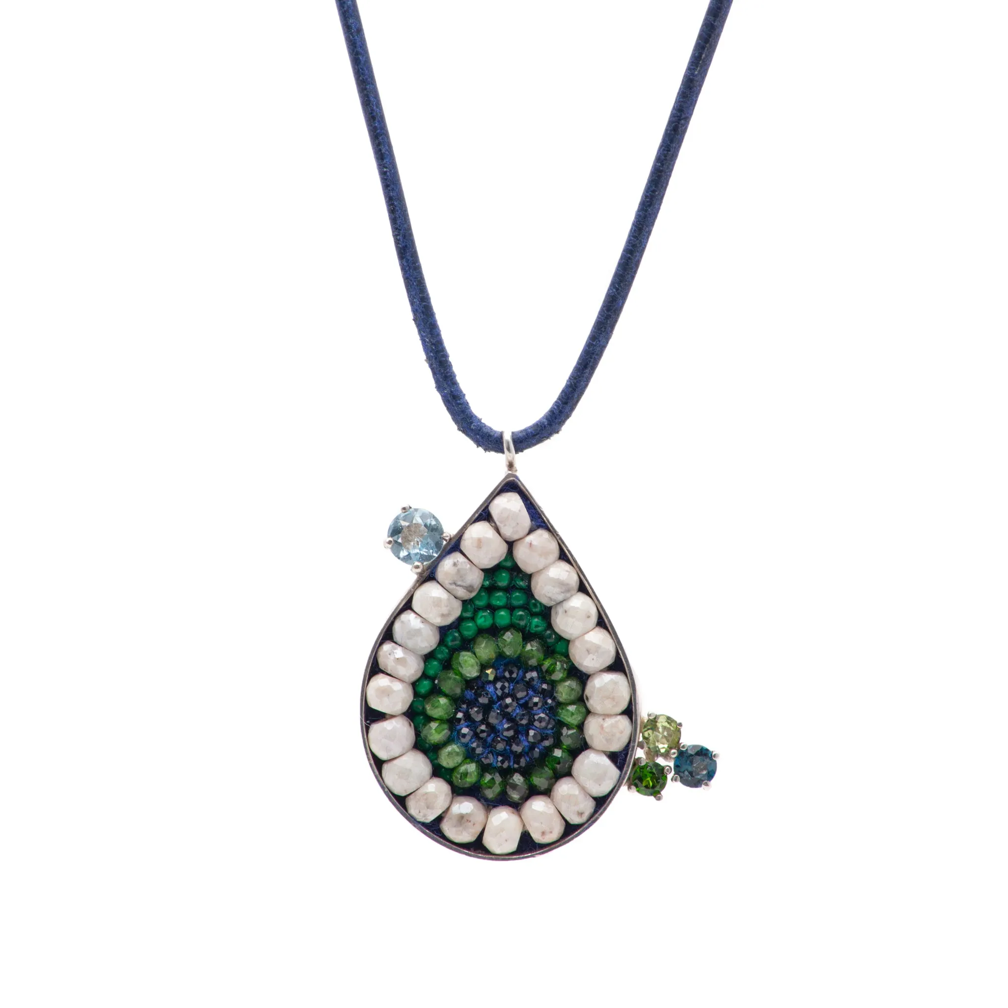 Blue Sapphire, Chrome Diopside, and Emerald Teardrop Necklace