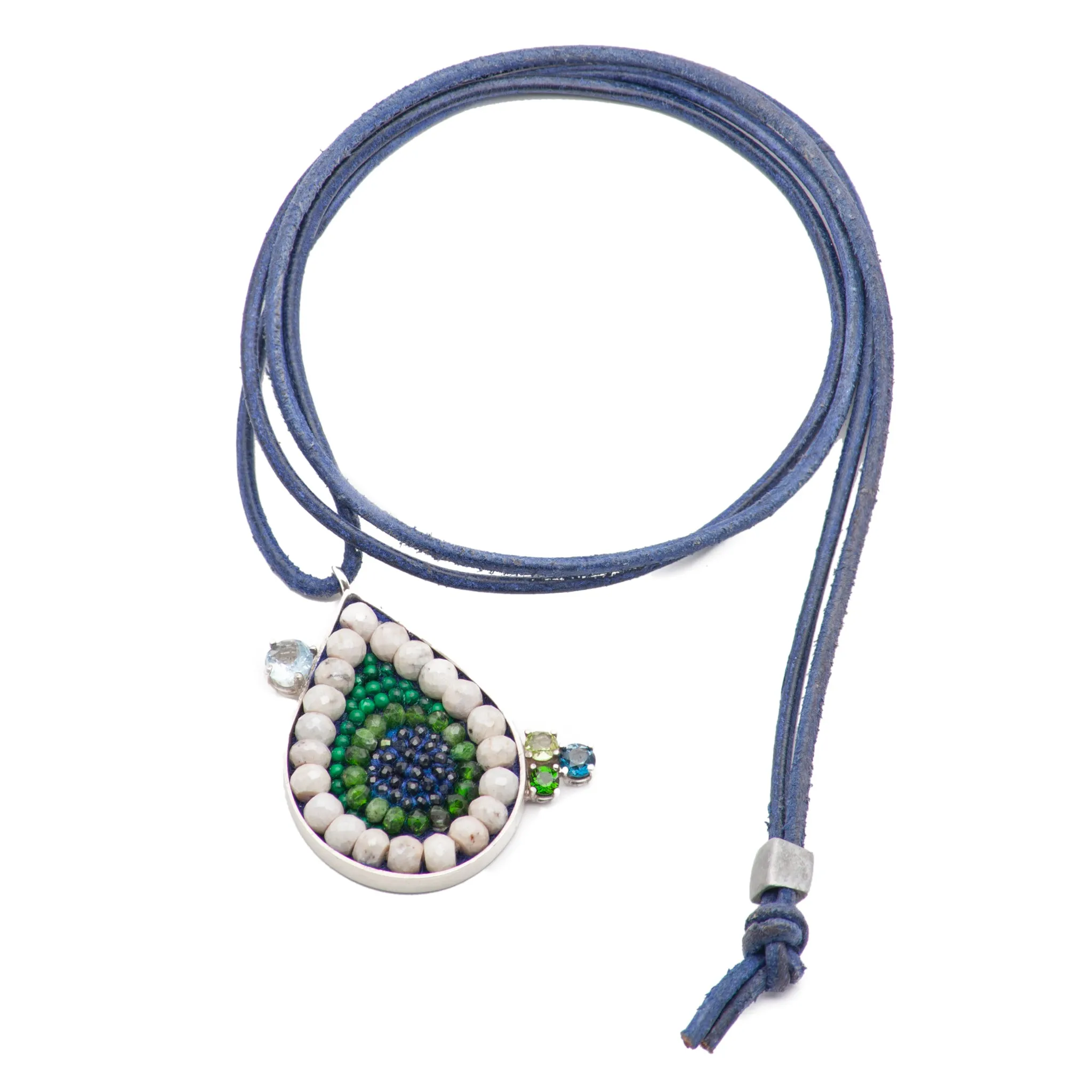 Blue Sapphire, Chrome Diopside, and Emerald Teardrop Necklace