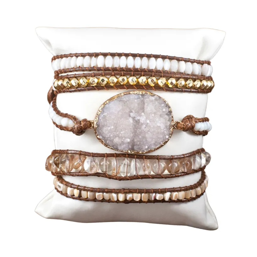 Boho & Mala White Druzy Agate Stone 5 Wrap Bracelet WB1000