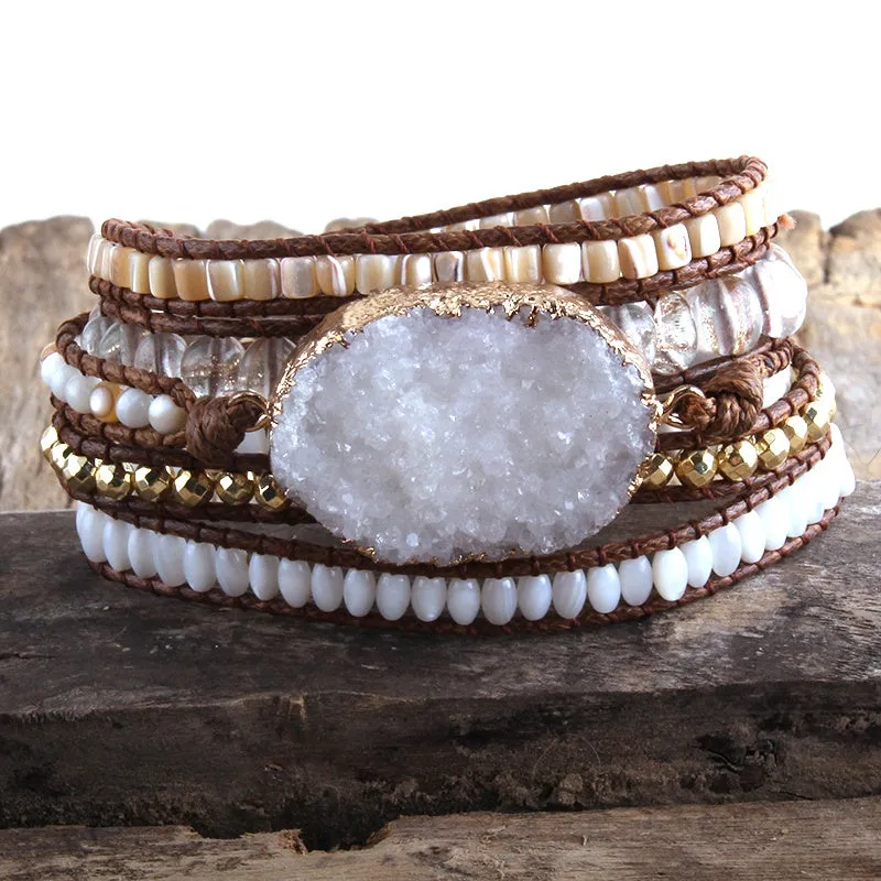 Boho & Mala White Druzy Agate Stone 5 Wrap Bracelet WB1000