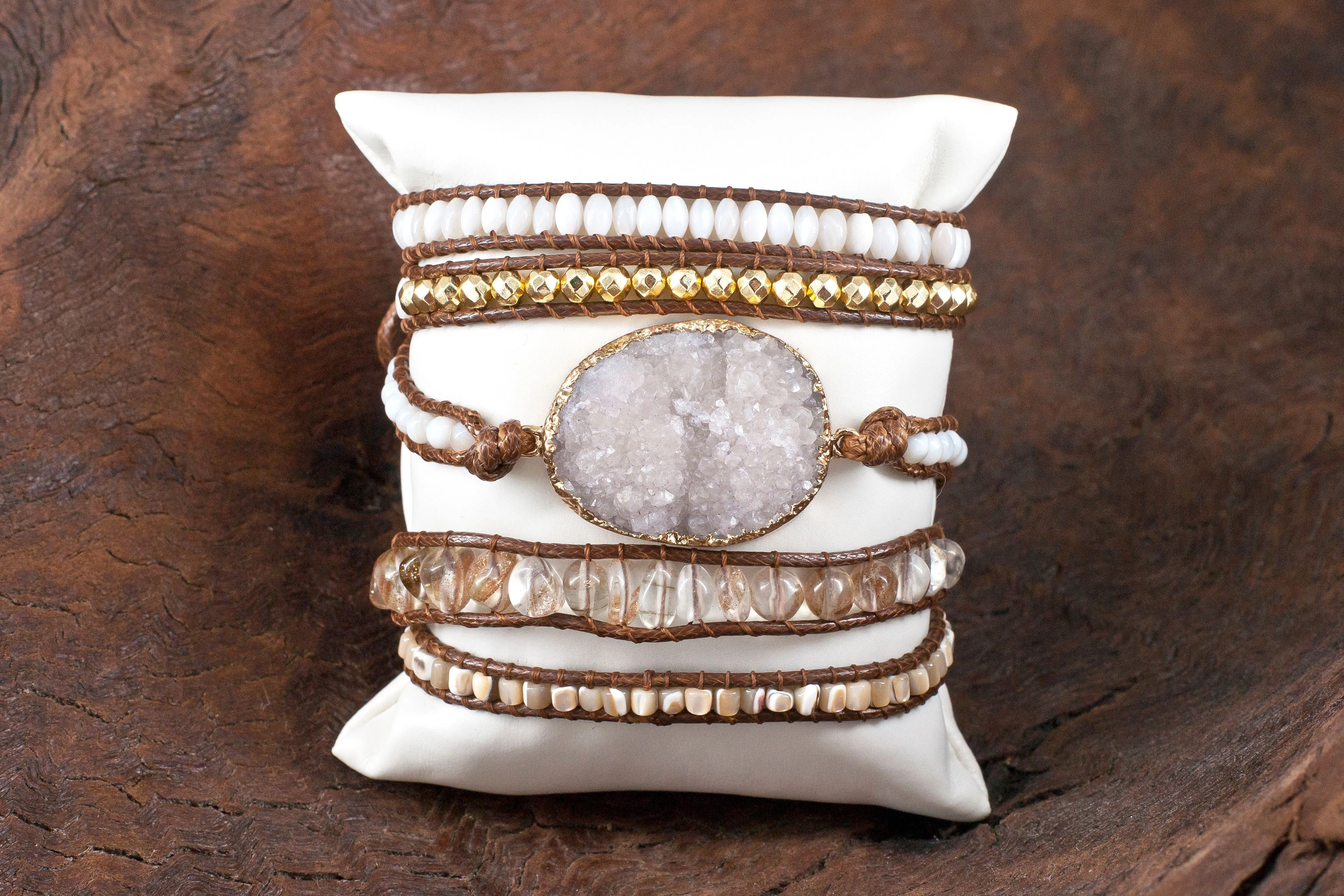 Boho & Mala White Druzy Agate Stone 5 Wrap Bracelet WB1000