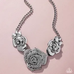 Bouquet Beacon - White - Rhinestone Rose Paparazzi Short Necklace - January 2025 Life of the Party Exclusive