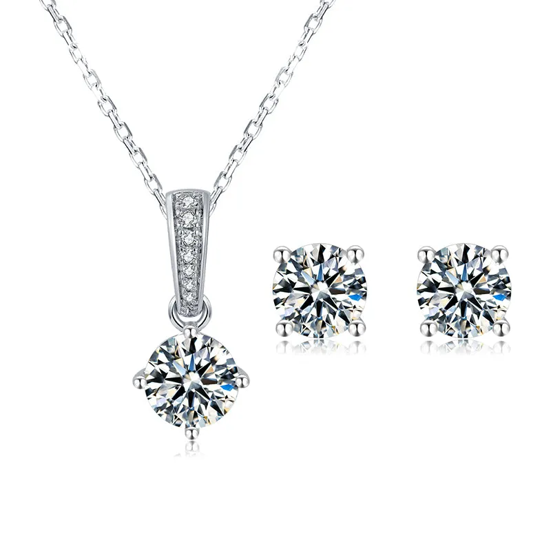 Brilliant Round Cut Moissanite Diamond Stud Earrings Necklace Sets