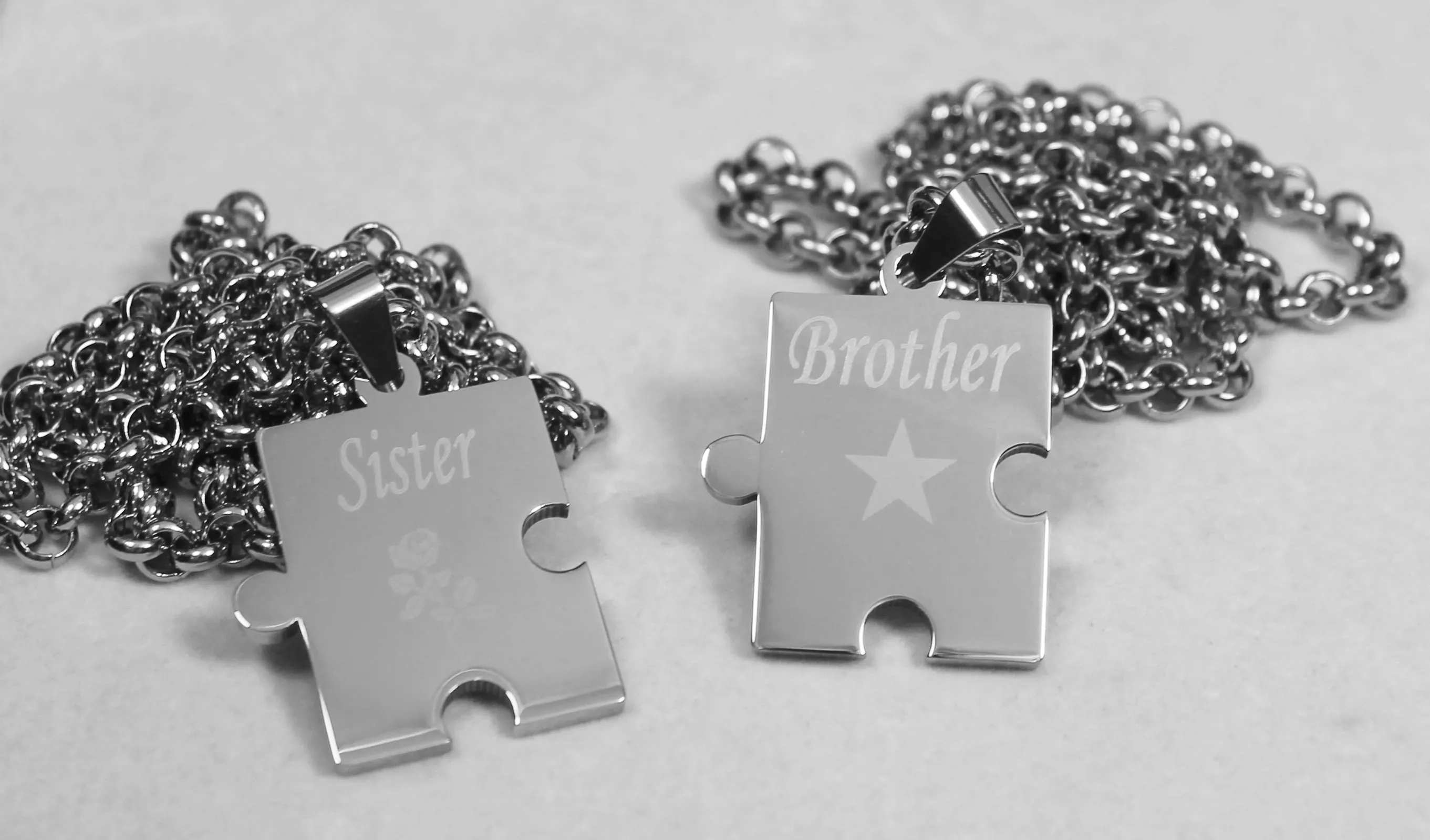 BROTHER SISTER PUZZLE PIECE X2 TAGS, SOLID STAINLESS STEEL ROLO  CHAIN NECKLACE