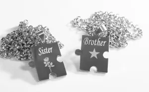 BROTHER SISTER PUZZLE PIECE X2 TAGS, SOLID STAINLESS STEEL ROLO  CHAIN NECKLACE