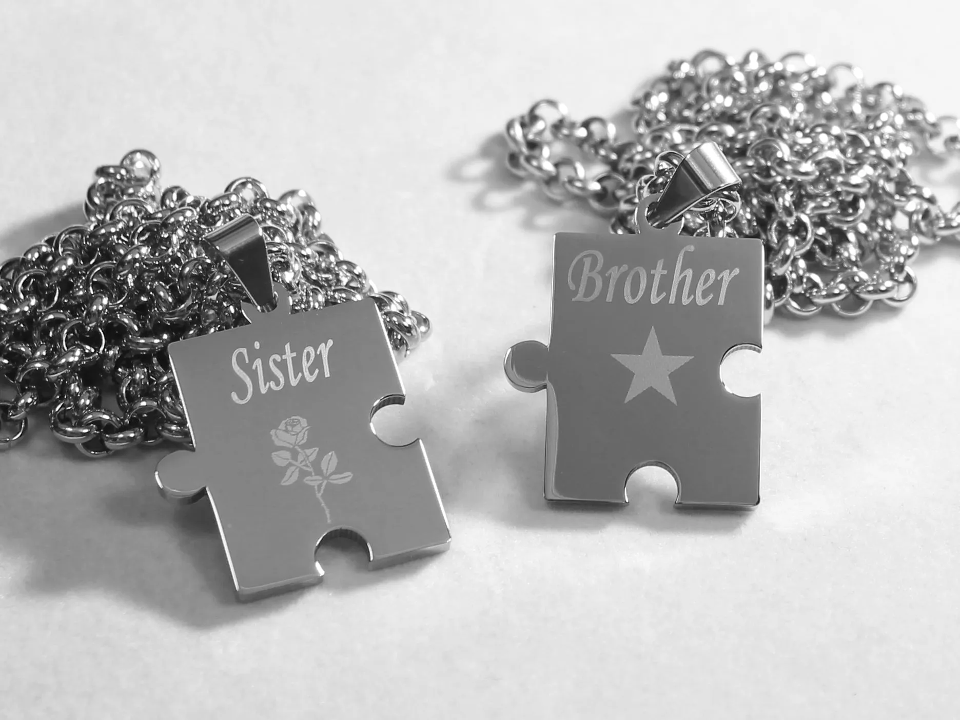 BROTHER SISTER PUZZLE PIECE X2 TAGS, SOLID STAINLESS STEEL ROLO  CHAIN NECKLACE