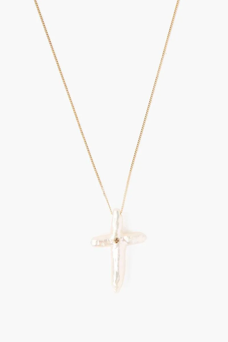 Chan Luu- NGF14-14594- White Pearl Cross Necklace- 14k