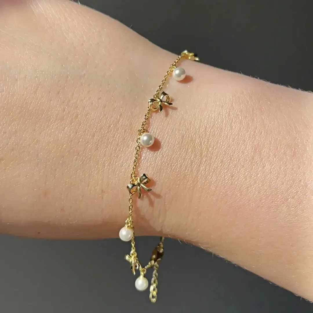 Coquette Charm Adorable Pearl Ring Bracelet Necklace Delicate Stud Earrings Set designed by Katie