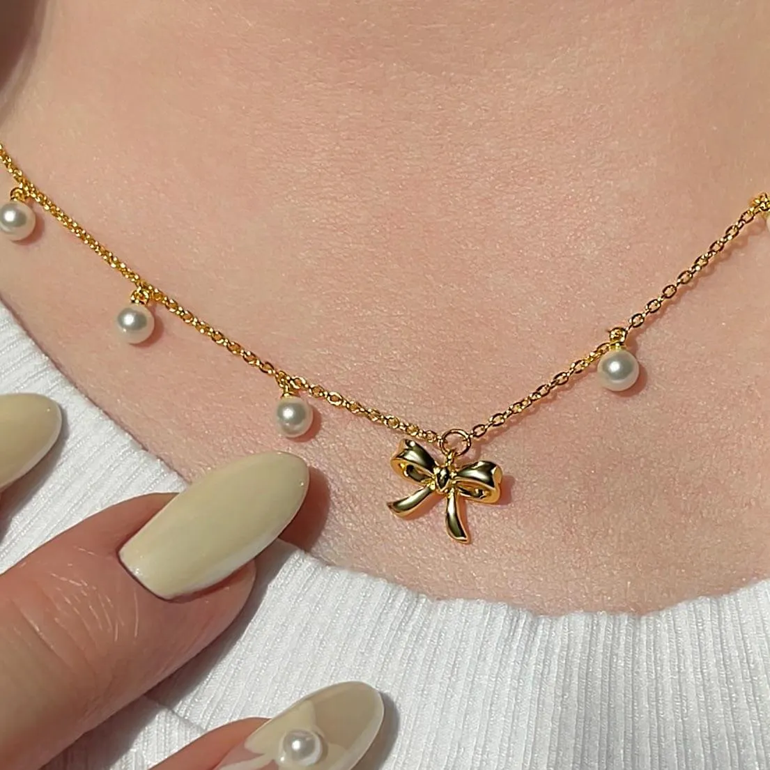 Coquette Charm Adorable Pearl Ring Bracelet Necklace Delicate Stud Earrings Set designed by Katie