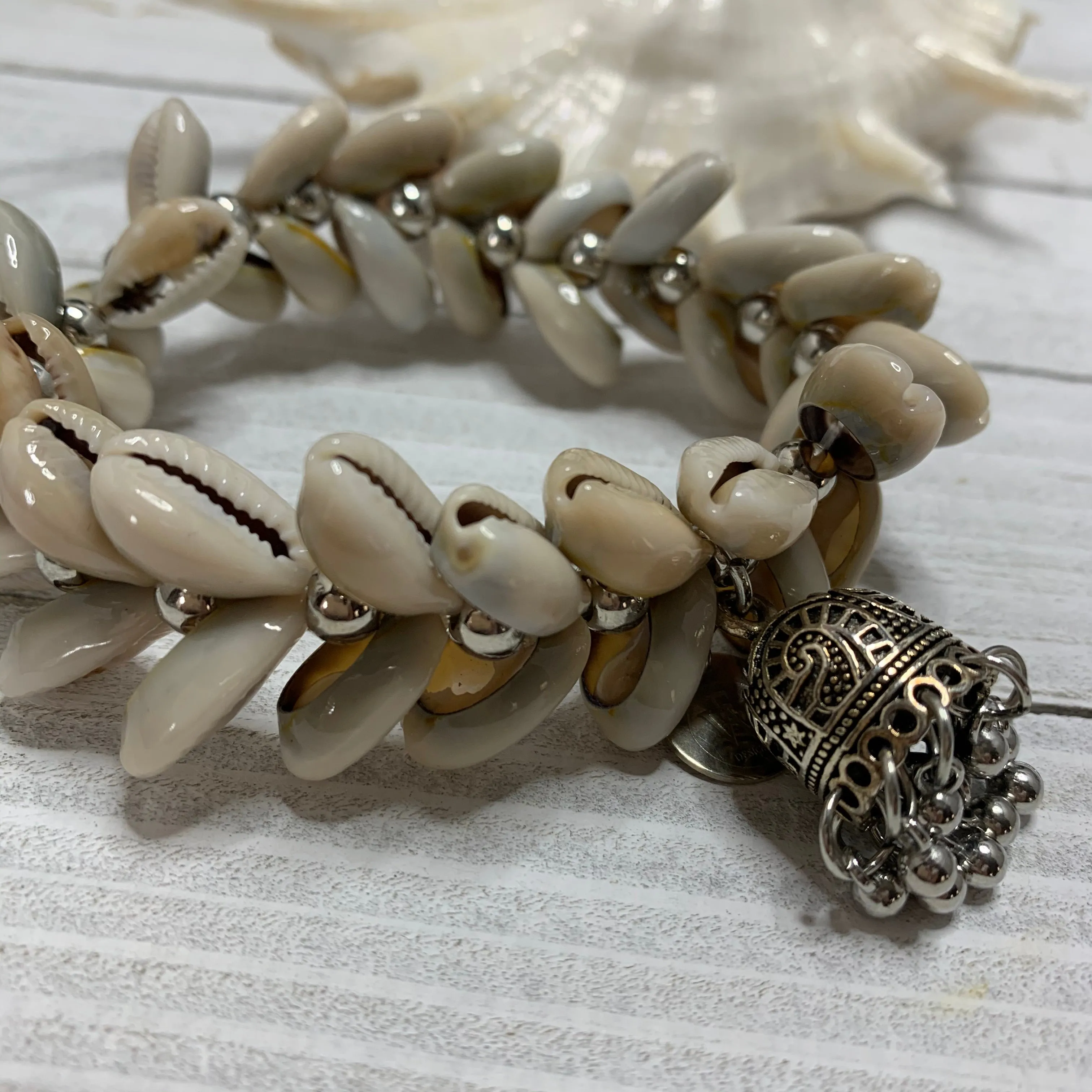 Cowry Shells Bracelet with a Silver Metallic Tassel 440-02 | Erika Williner Designs