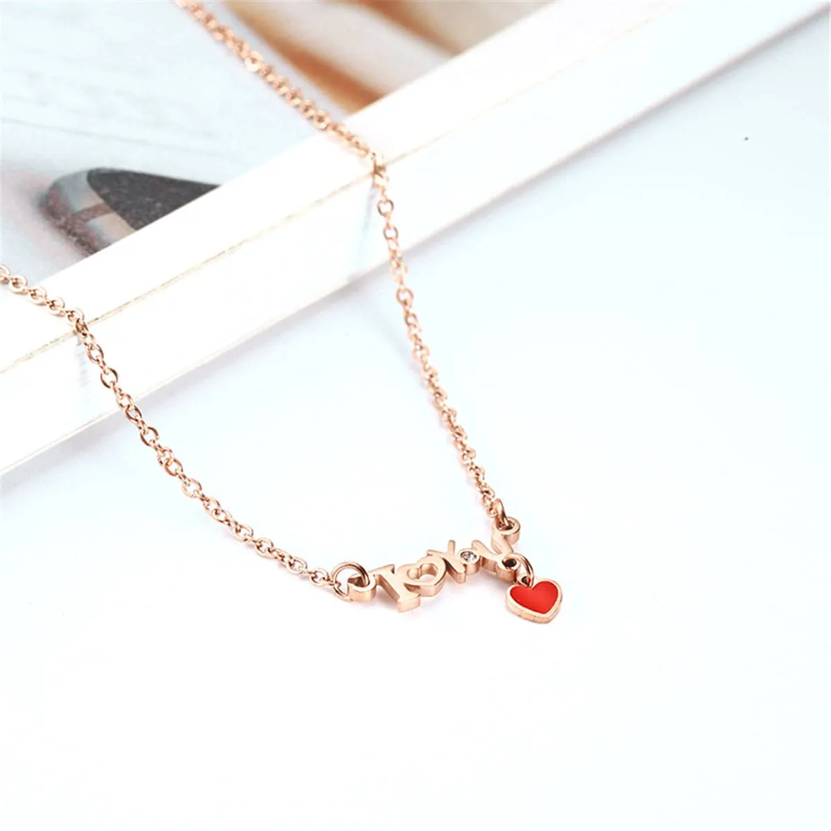 Cubic Zirconia & 18K Rose Gold-Plated 'I Love You' Necklace