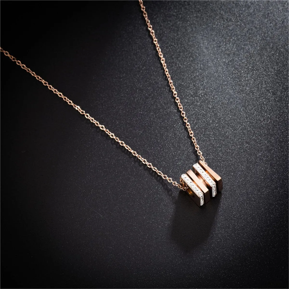 Cubic Zirconia & 18K Rose Gold-Plated Layered Square Pendant Necklace