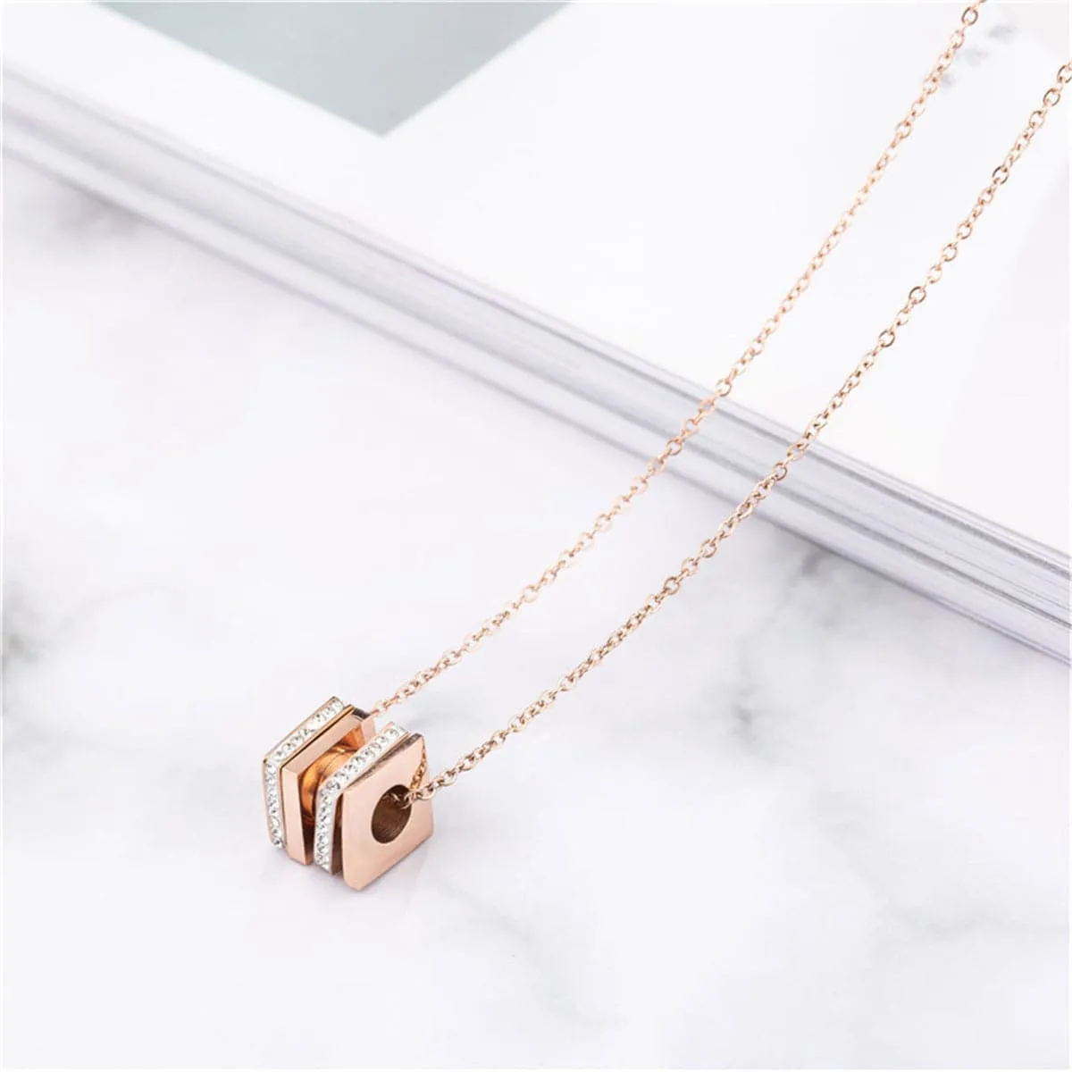 Cubic Zirconia & 18K Rose Gold-Plated Layered Square Pendant Necklace