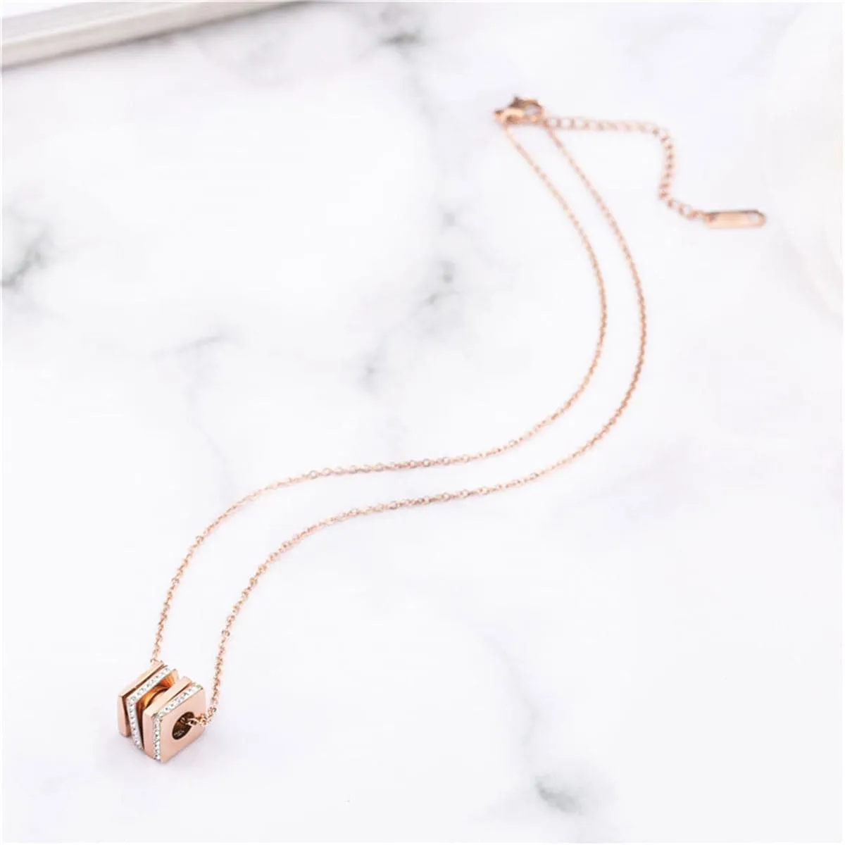 Cubic Zirconia & 18K Rose Gold-Plated Layered Square Pendant Necklace