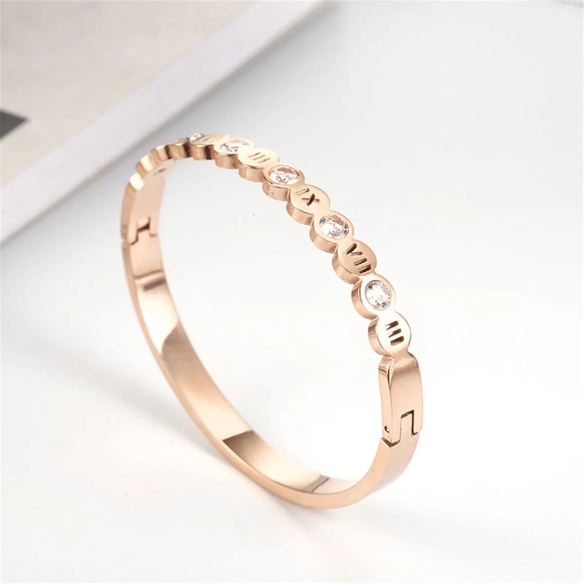 Cubic Zirconia & 18K Rose Gold-Plated Roman Numeral Bangle