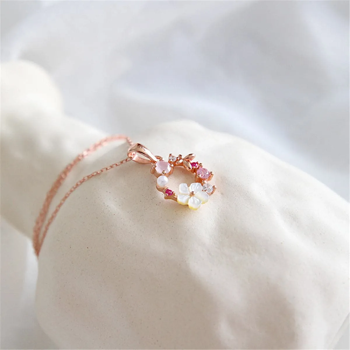 Cubic Zirconia & Pearl 18K Rose Gold-Plated Flower Pendant Necklace