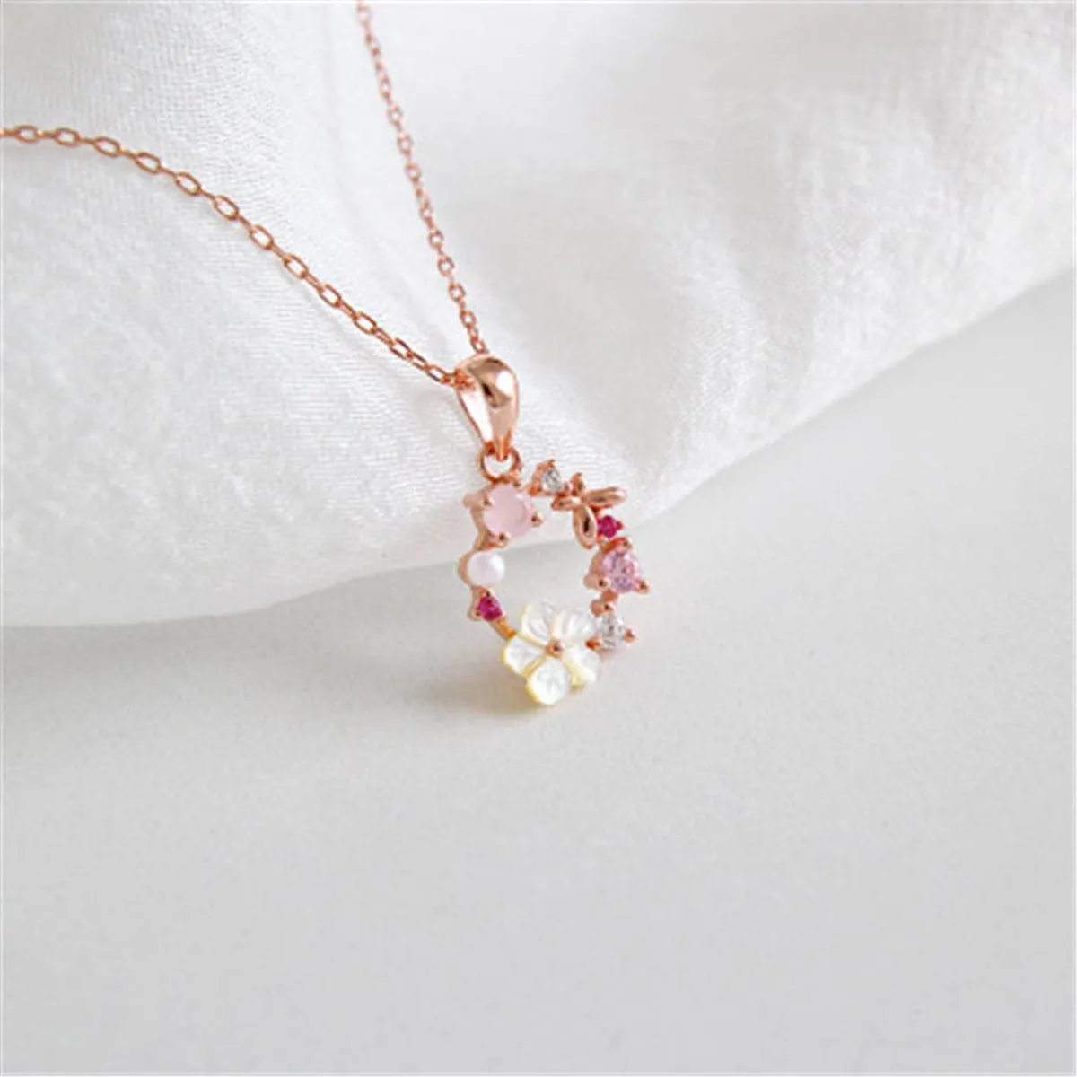 Cubic Zirconia & Pearl 18K Rose Gold-Plated Flower Pendant Necklace