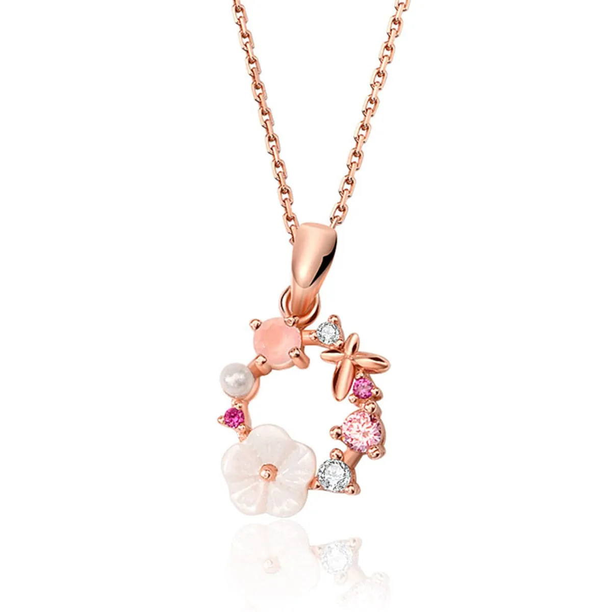 Cubic Zirconia & Pearl 18K Rose Gold-Plated Flower Pendant Necklace