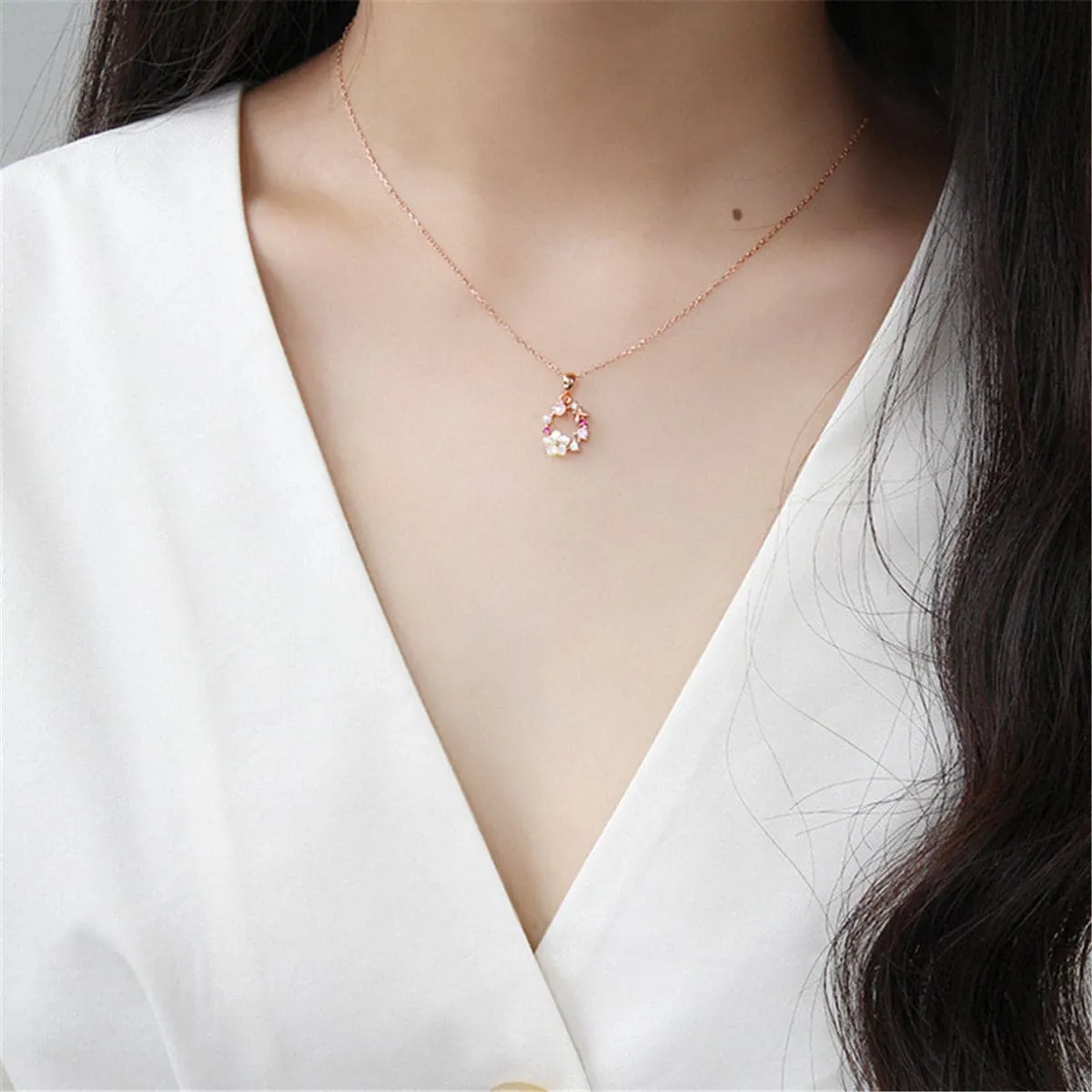 Cubic Zirconia & Pearl 18K Rose Gold-Plated Flower Pendant Necklace