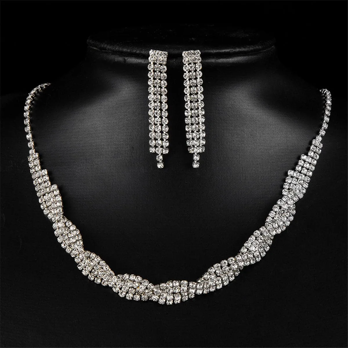 Cubic Zirconia & Silver-Plated Linear Drop Earrings & Necklace