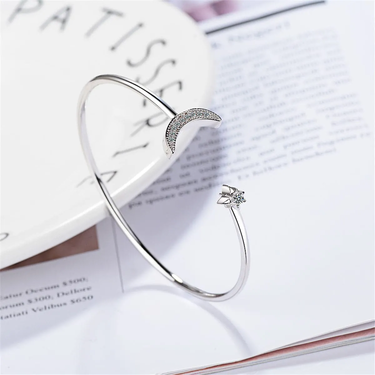 Cubic Zirconia & Silver-Plated Moon Star Cuff