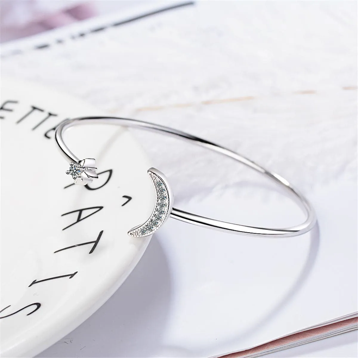 Cubic Zirconia & Silver-Plated Moon Star Cuff