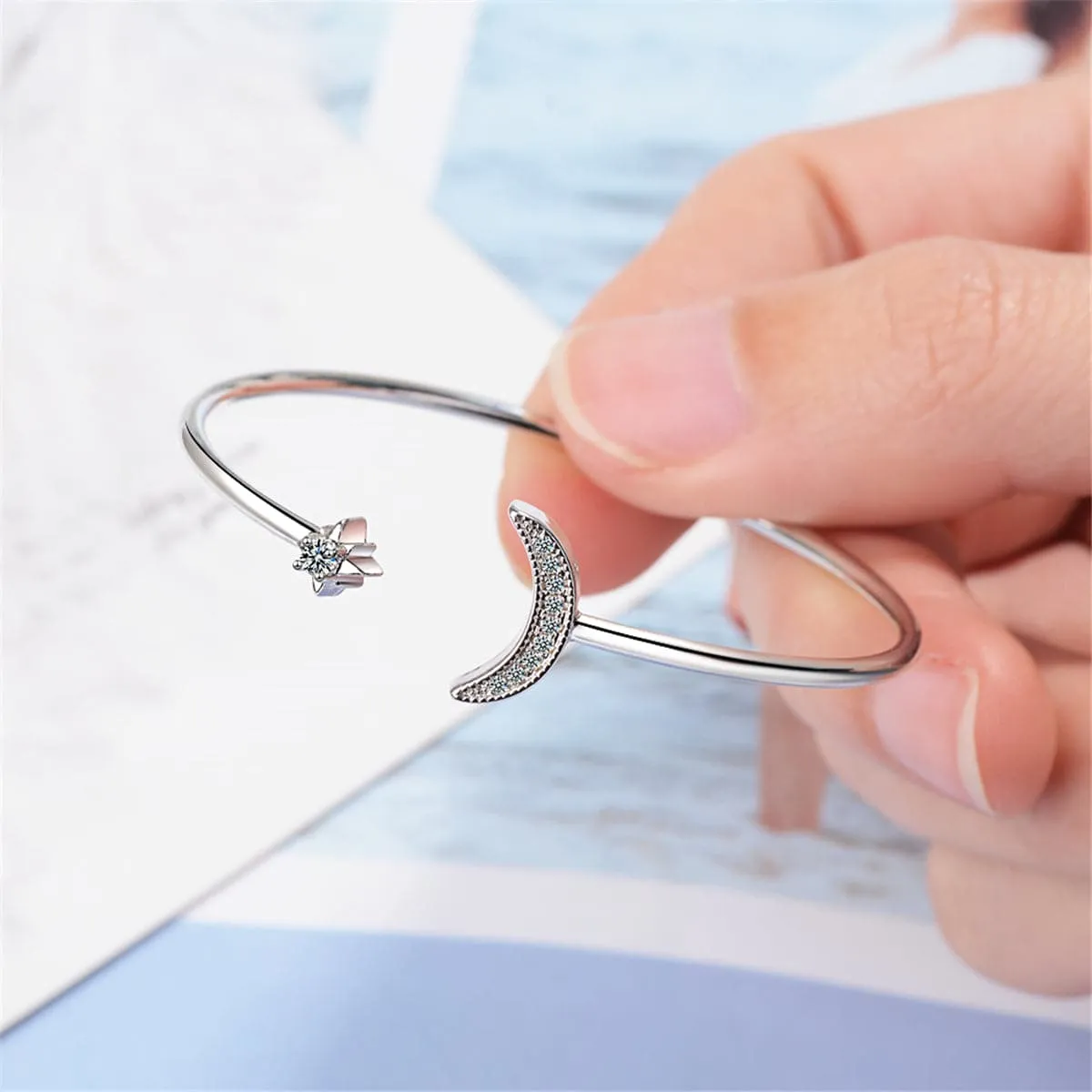 Cubic Zirconia & Silver-Plated Moon Star Cuff