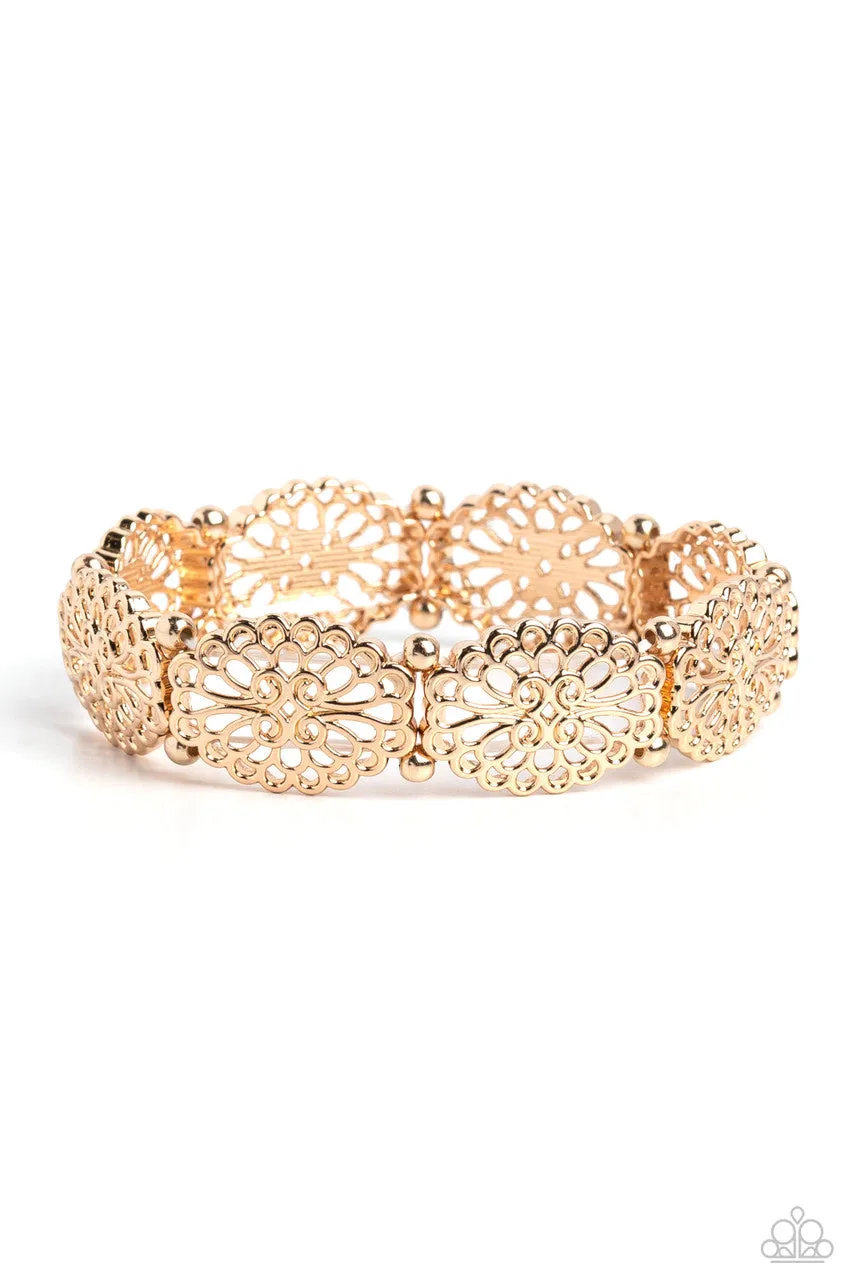 Curly Chic - Gold - Filigree Oval Disc Paparazzi Stretchy Bracelet