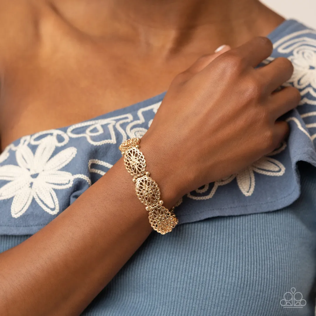 Curly Chic - Gold - Filigree Oval Disc Paparazzi Stretchy Bracelet