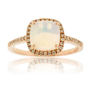 Cushion Cabochon Opal Ring with Diamond Halo