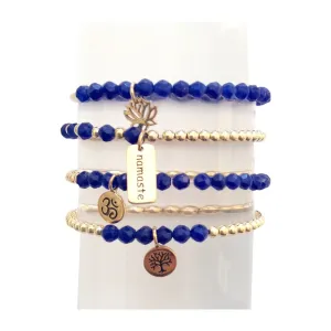 Dainty Set of Four Blue Beaded Bracelets with Gold Faceted Stones and Charms - Wholesale Lot